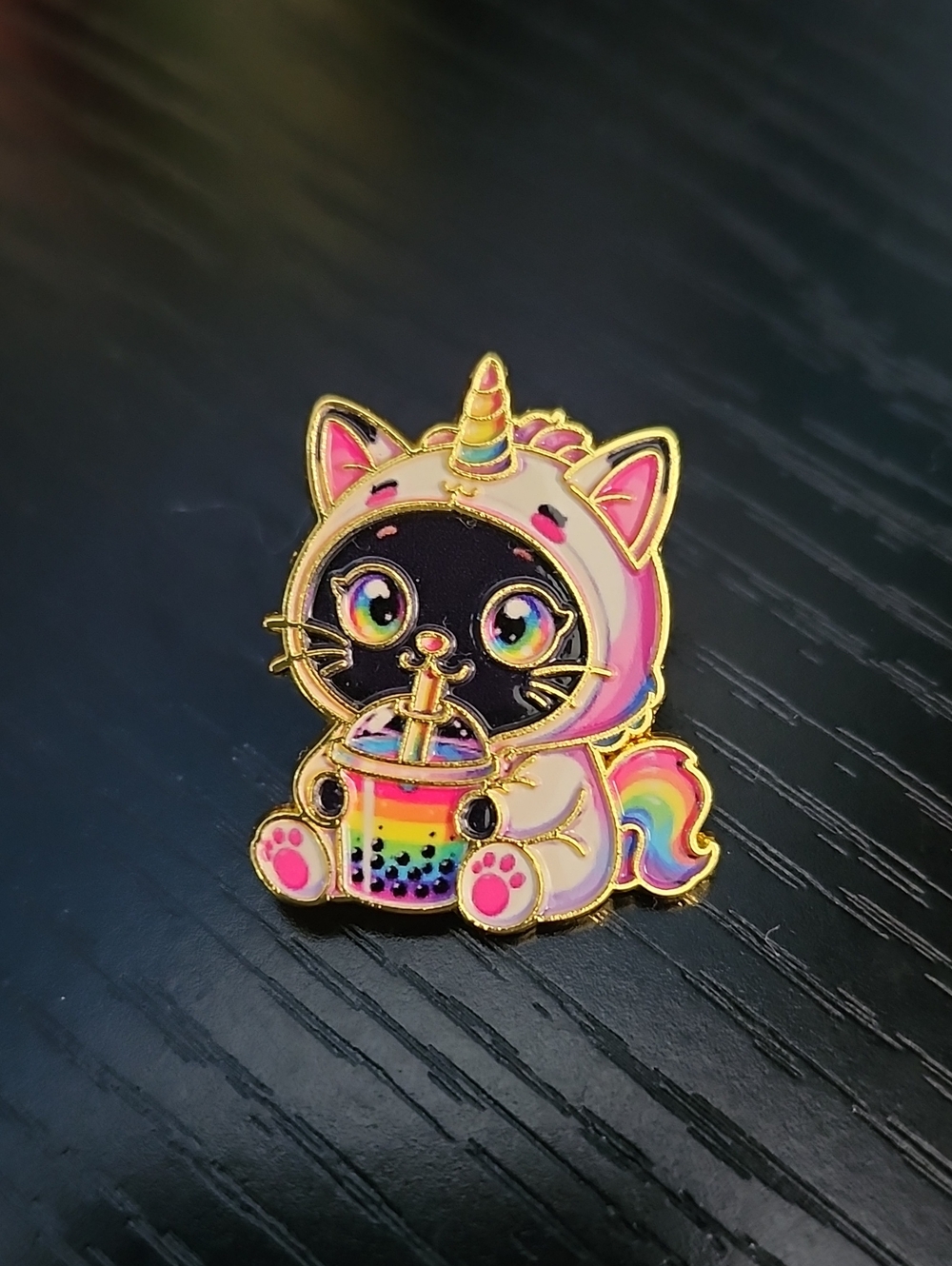 Unicorn Cat Enamel Pin with Rainbow Bubble Tea